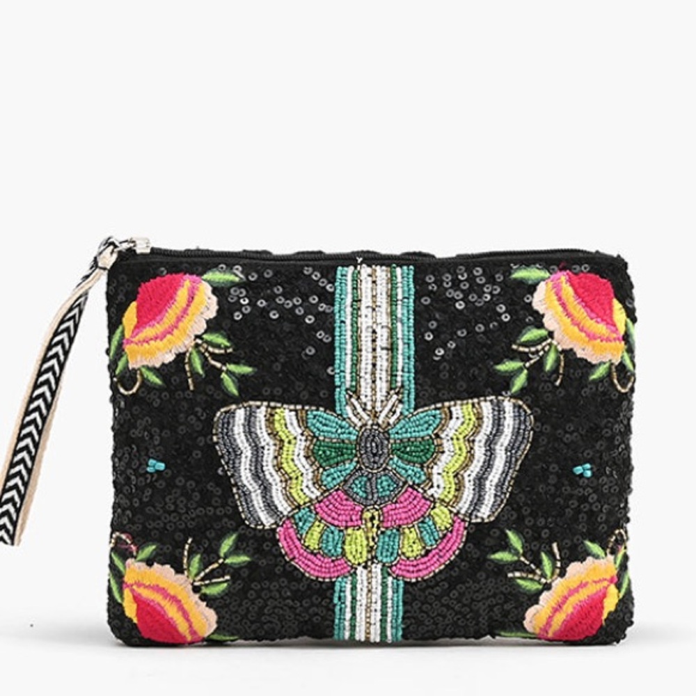 AMERICA & BEYOND Midnight Butterfly Beaded Zip Top Clutch
